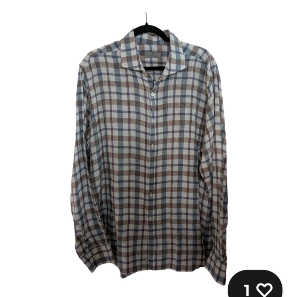 Canali Cream, Brown & Blue Plaid 100% Flax Button Up Shirt Size XXL Luxe